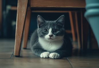 Naklejka premium Adorable Gray Cat with White Chest Resting Under Wooden Chair in Cozy Indoor Setting