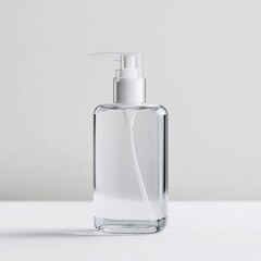 Clear bottle of hand sanitizer displayed against a minimalistic background for hygiene promotion in public spaces