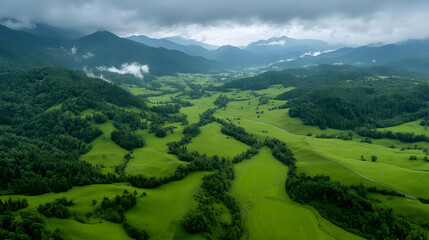 Obraz premium Aerial view of green valley, mountains, cloudy sky