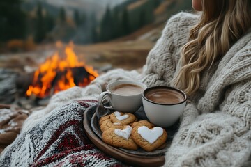 Woman enjoys coffee and cookies by a campfire.