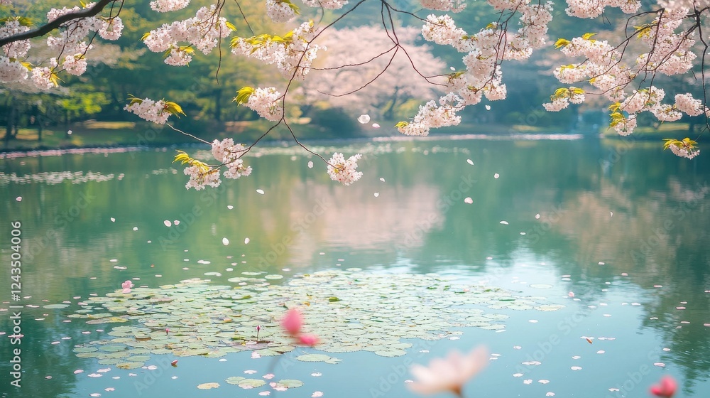 Aufkleber serene spring pond adorned with lily pads and blooming cherry blossoms in a tranquil setting
