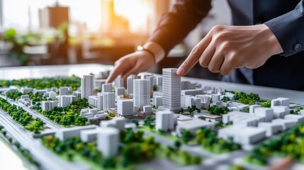 person examines architectural model of city, highlighting various buildings and green spaces. scene captures essence of urban planning and design