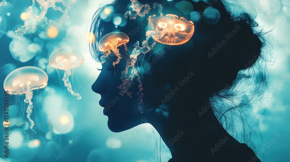 Poster portrait of a woman illuminated by the ethereal glow of jellyfish in an underwater setting at twilig