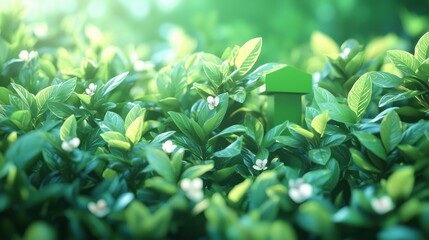 Obraz premium A 3D depiction of a green podium in a tropical forest, featuring a green wall backdrop. Perfect for eco-friendly product presentations or nature-based branding in a lush environment.