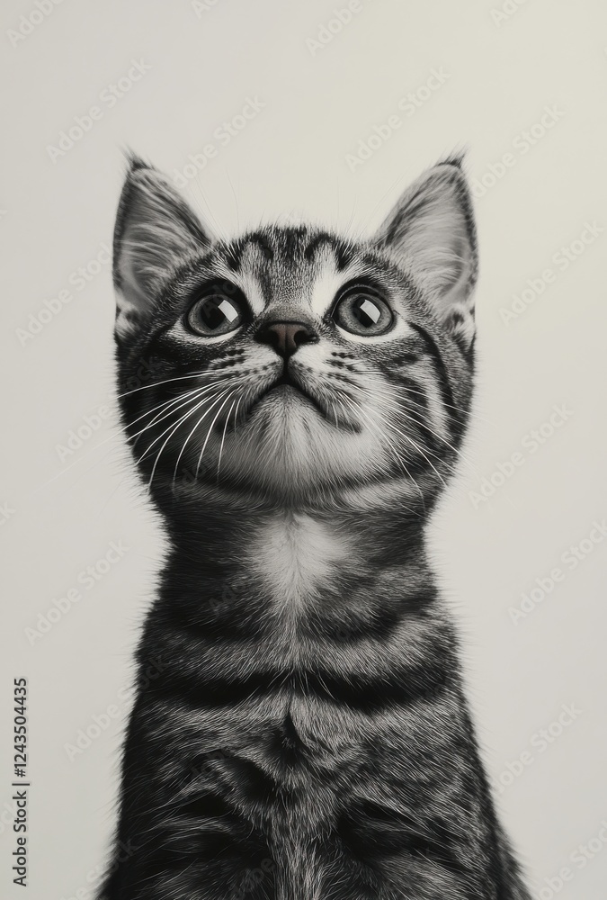 Poster adorable gray tabby kitten with large eyes gazing upwards against a soft neutral background in a stu