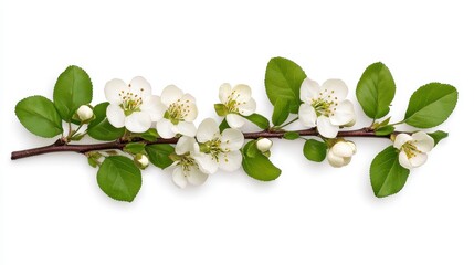 Fototapeta premium Delicate White Blossoms and Green Leaves on Branch