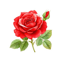 Single Red Rose with Bud - Botanical Illustration