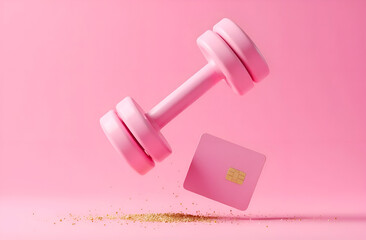 Pink fitness dumbbell with a bank card on a minimalistic background. The concept of buying a subscription and membership to the gym