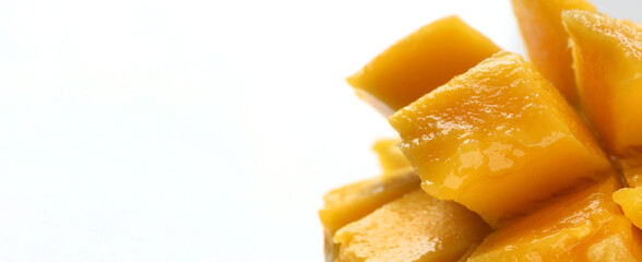 Juicy mango on a white background, fresh tropical fruit with vibrant color and natural sweetness.
