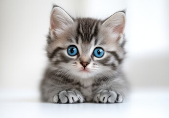 Obraz premium Adorable Gray Tabby Kitten with Striking Blue Eyes Captivatingly Posing on a Soft Surface, Perfect for Pet Photography and Animal Lovers