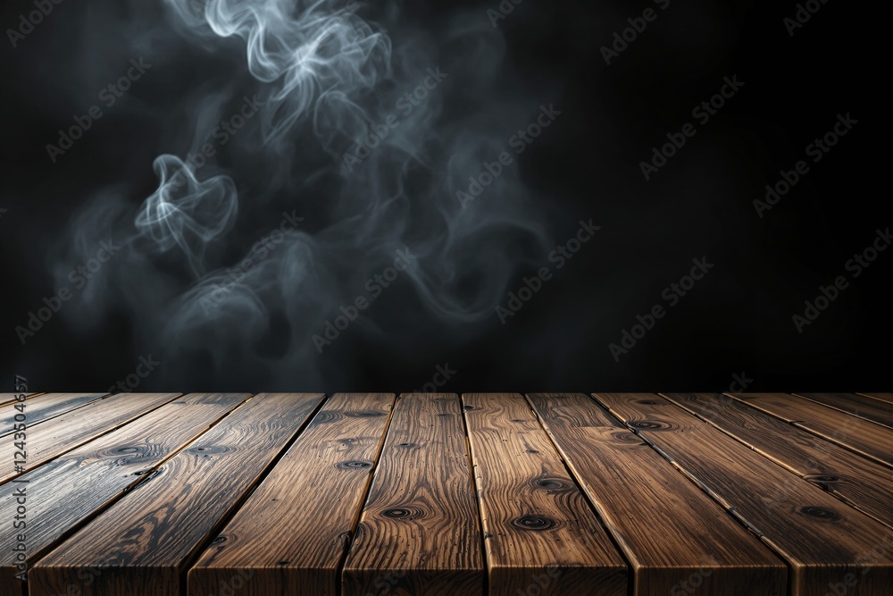 Poster wooden table closeup with smoke effect on dark background, perfect for copyspace and design concepts