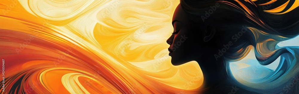 Poster Serene portrait capturing the essence of a woman glowing with warmth and tranquility against colorful abstract background