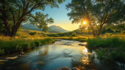 Stream flowing through a lush green forest with trees and natural vegetation surrounding the water