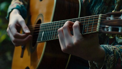 Obraz premium Strumming acoustic guitar in a serene outdoor setting during the golden hour