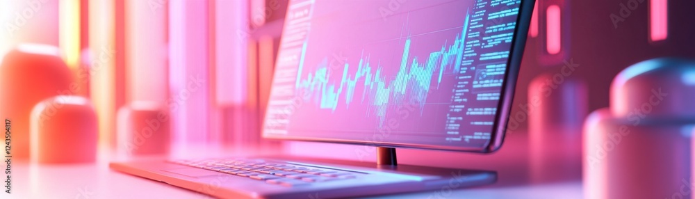Poster a sleek computer screen displays vibrant data graphs against a colorful, abstract background, emphas