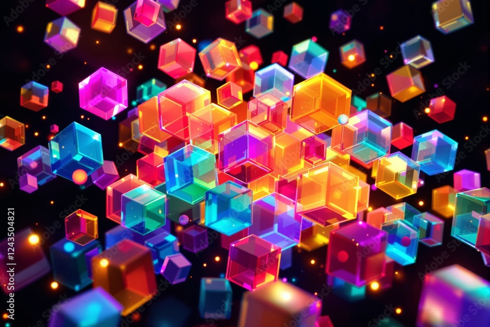 Poster colorful translucent cubes floating against a black background.