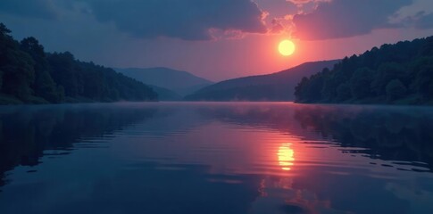 Gentle ripples on a peaceful lake surface as the moon rises in the evening, calmness, forest