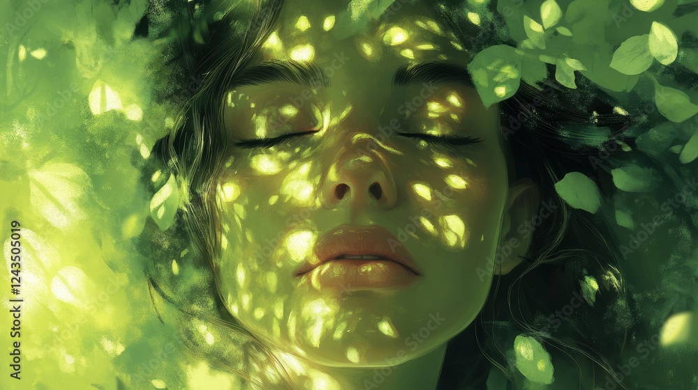 Poster serene glow of a woman's face illuminated by soft dappled sunlight through lush greenery
