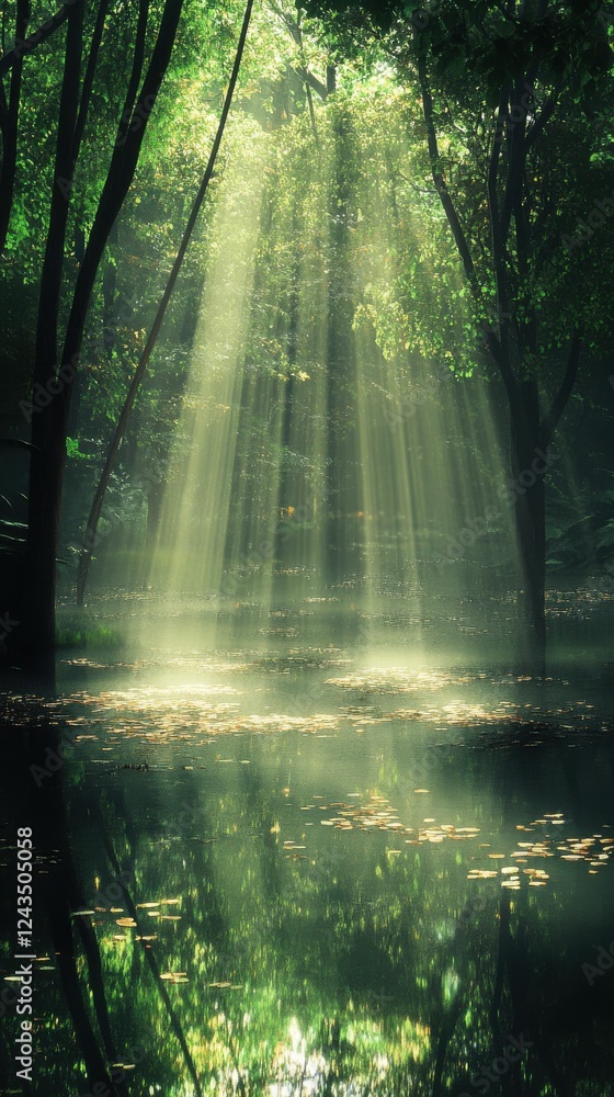 Poster Sunlight filters through trees illuminating a tranquil forest pond in soft greens and warm light