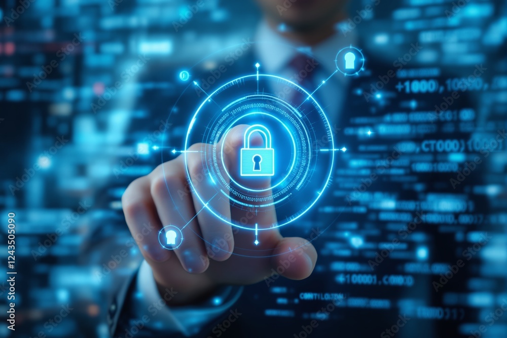 Poster businessman activating digital security interface with lock symbol on futuristic background.