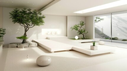 Fototapeta premium Serene Minimalist Zen Interior Design: White Room with Bonsai Trees and Modern Furniture