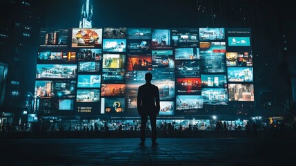 Businessman standing before a wall of video screens showcasing diverse career paths, navigating the challenge of decision making in a dynamic job market
