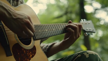 Fototapeta premium Strumming acoustic guitar in a serene outdoor setting during the golden hour