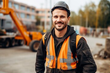 Fototapeta premium Smiling portrait of a young male Caucasian construction worker
