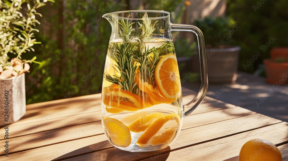 Poster refreshing citrus-infused water pitcher with lemon and rosemary in a sunny outdoor setting for hydra