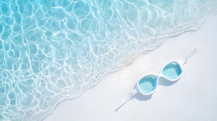 Obraz premium Crystal-clear water gently laps against white sandy shore with swimming goggles resting on the beach. Perfect for summer vacation promotions or travel blogs. Selective focus