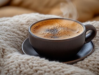 Steaming coffee in dark cup on cozy knit blanket.