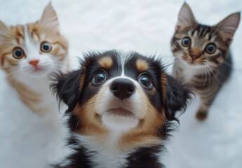 Adorable kitten and puppy duo with curious expressions in soft snow background, perfect for showcasing pet companionship and winter joy