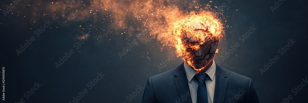 Poster businessman with burning exploding head and cracked face suffering from information overload, burnou