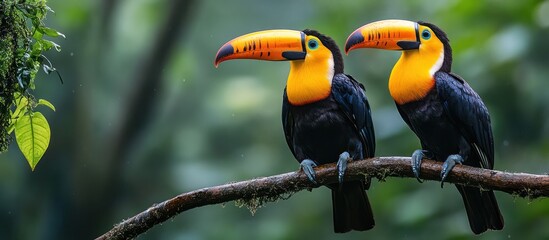 Obraz premium Toucans perched rainforest branch, lush background, wildlife