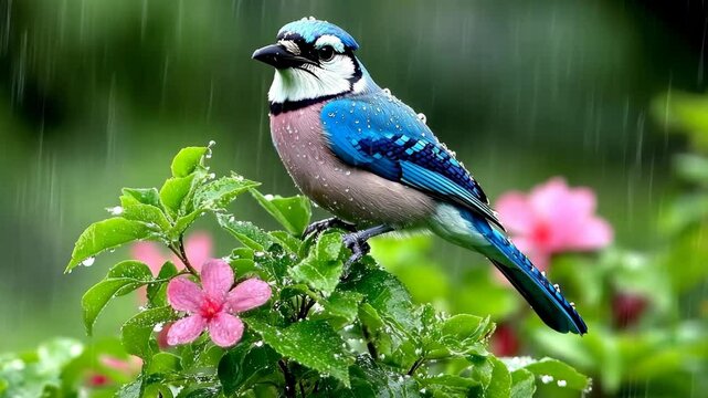Blue jay perched on a flowered branch during a rainy day in a vibrant garden setting