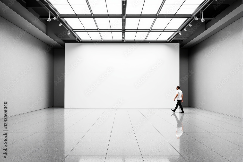 Poster minimalist gallery space with glossy tiled floor and blank white wall for presentations or mockups. 