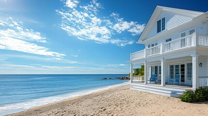 Obraz premium Picturesque Beach Scene Featuring Cozy House Nestled Amidst Soft Sandy Shores Under Vibrant Blue Sky with Fluffy White Clouds Creating a Peaceful and Inviting Coastal Atmosphere