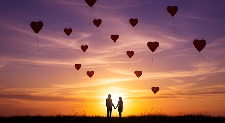 Romantic sunset scene with heart balloons in the sky.