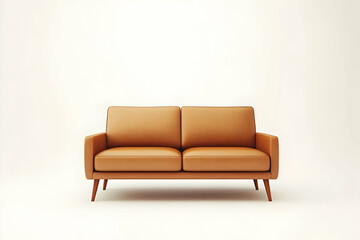 Photorealistic photograph of a sleek, modern three-seater leather sofa in light brown with wooden legs