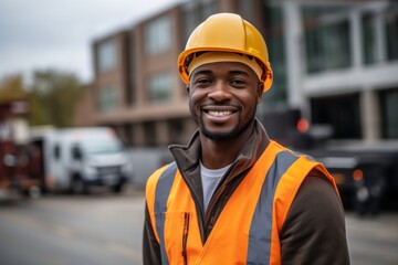 Fototapeta premium Smiling portrait of a young male African American construction worker