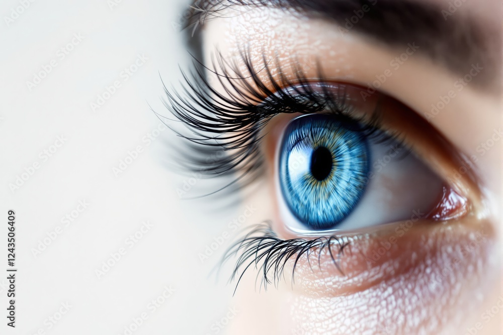 Poster close-up of a human eye with striking blue iris and long eyelashes on a soft light background.