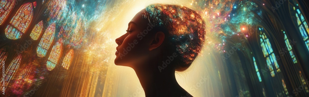 Poster mystical visualization of a woman's profile with cosmic elements and vibrant colors in an ethereal s