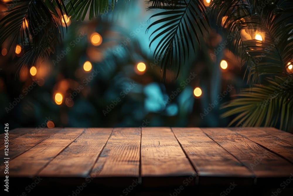 Aufkleber wooden table with decorative lights in soft focus creating a warm and inviting atmosphere