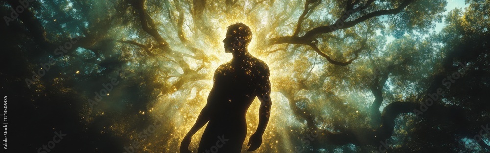 Aufkleber mystical silhouette of a man surrounded by glowing light in an enchanted forest at twilight