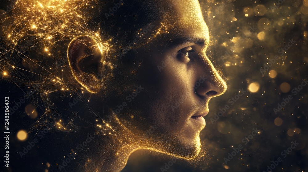 Aufkleber Mystical profile of a man filled with golden cosmic patterns and ethereal light effects