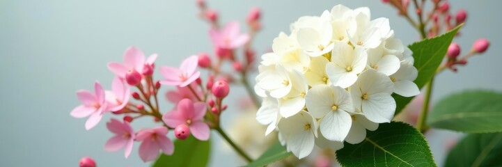 Obraz premium White Hydrangea stem with pink flowers and berries, stems, summer blooms