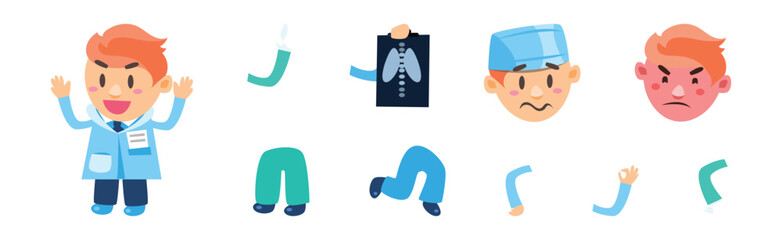 Comic Doctor Character Head and Face Vector Set