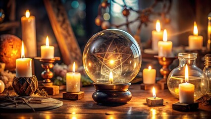 Mysterious crystal ball radiates an ethereal glow surrounded by candles and ancient mystical symbols on a dimly lit altar, altar, mystical energy
