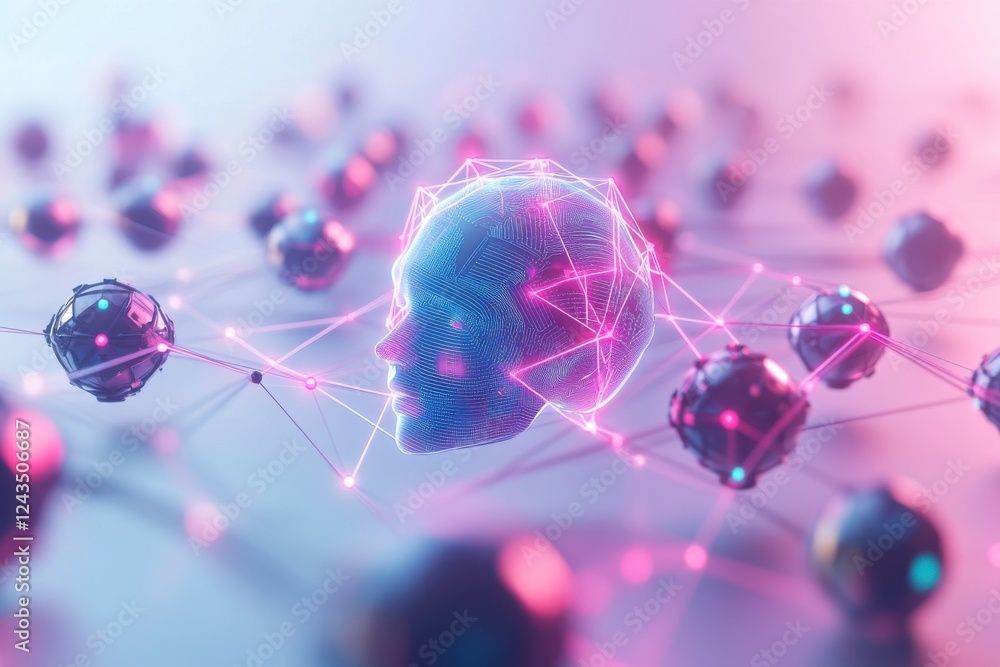 Poster a futuristic digital representation of a human head with neural connections, surrounded by abstract 