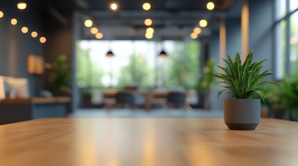 Potted green plant on a wooden table in a bright indoor setting with natural light